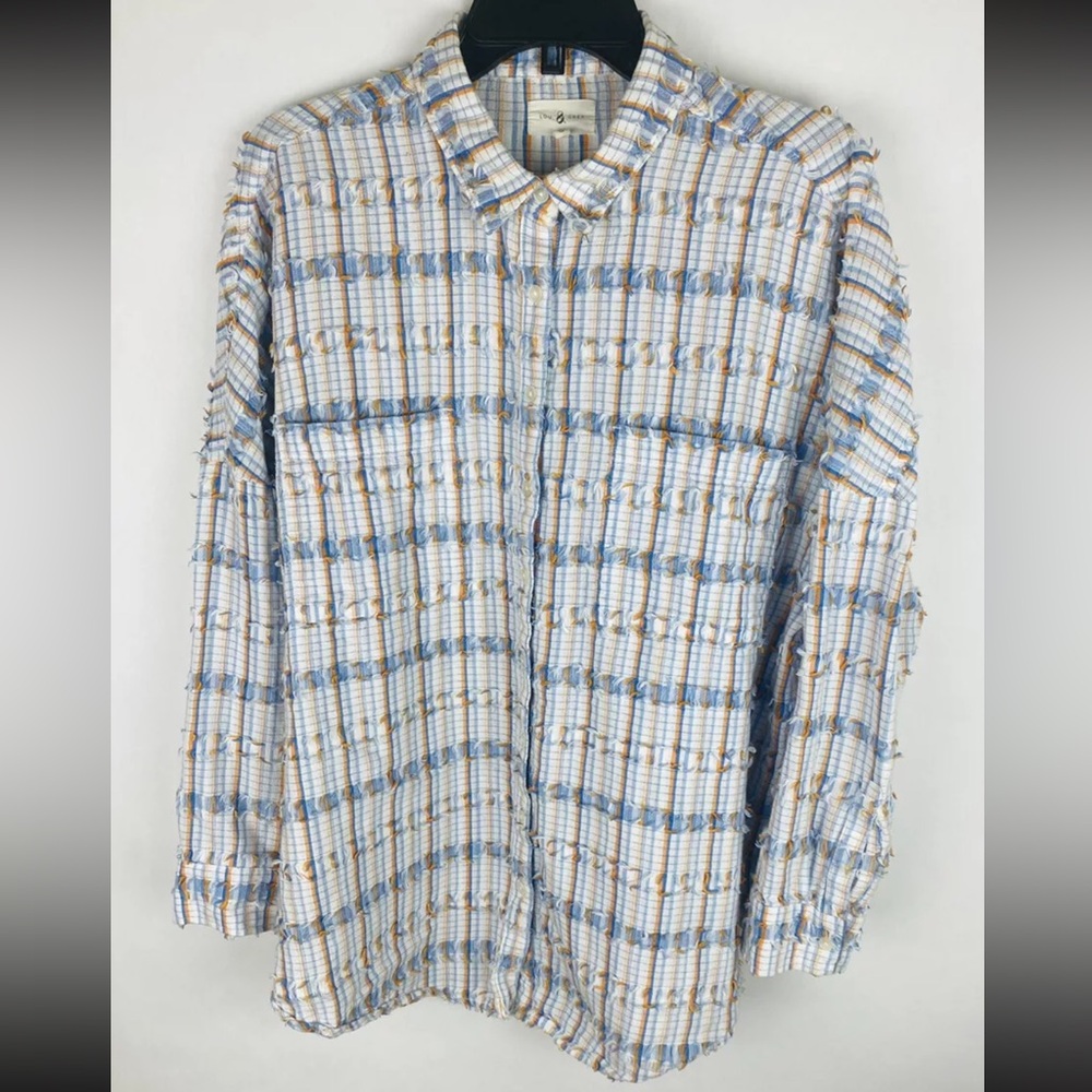 Loft Lou & Grey Womens Shirt Large White Blue Orange Striped Button Up Oversized